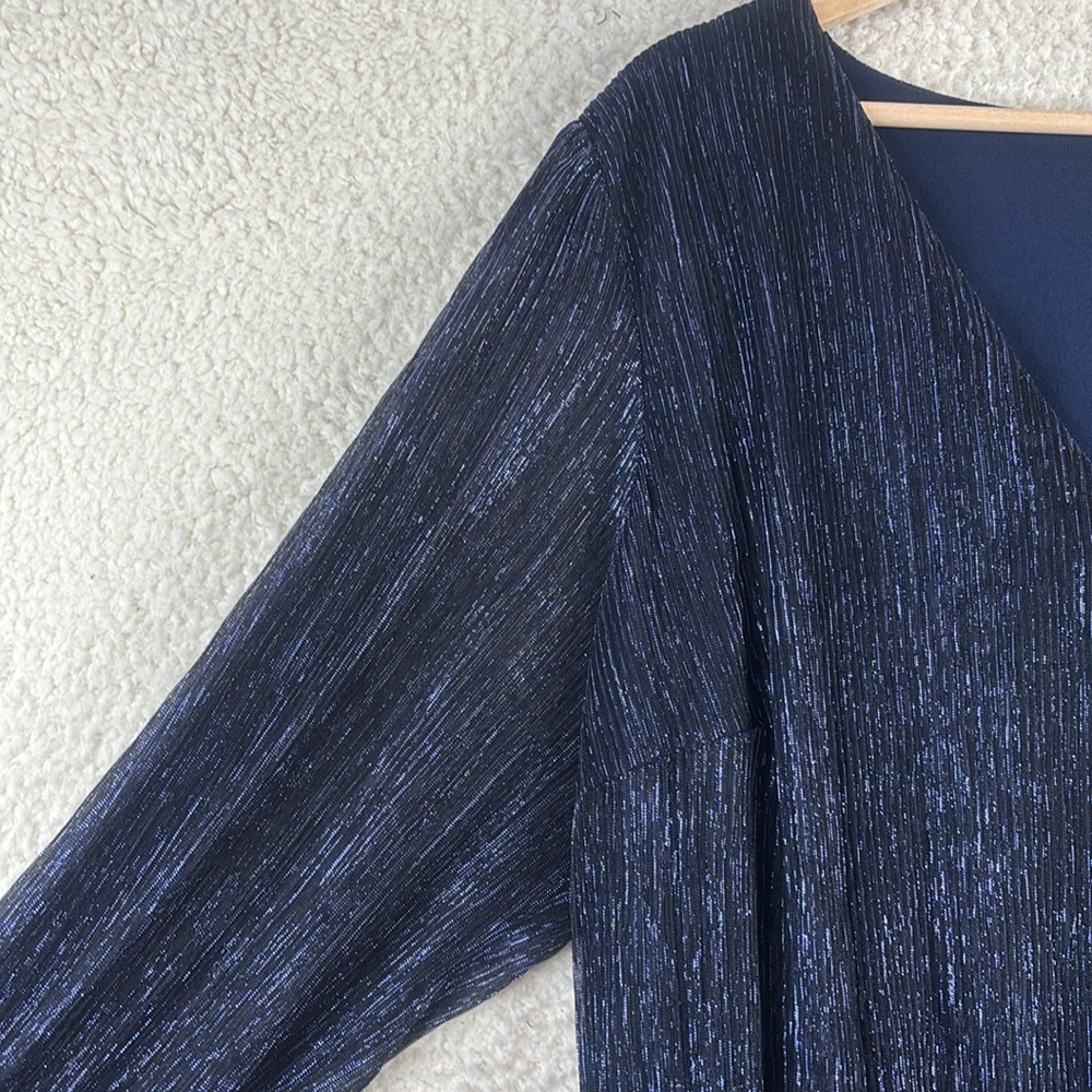 NWT MSK Womens Navy Blue Metallic Smocked V-Neck Long Sleeve Midi Dress PLUS 3X - Picture 5 of 13